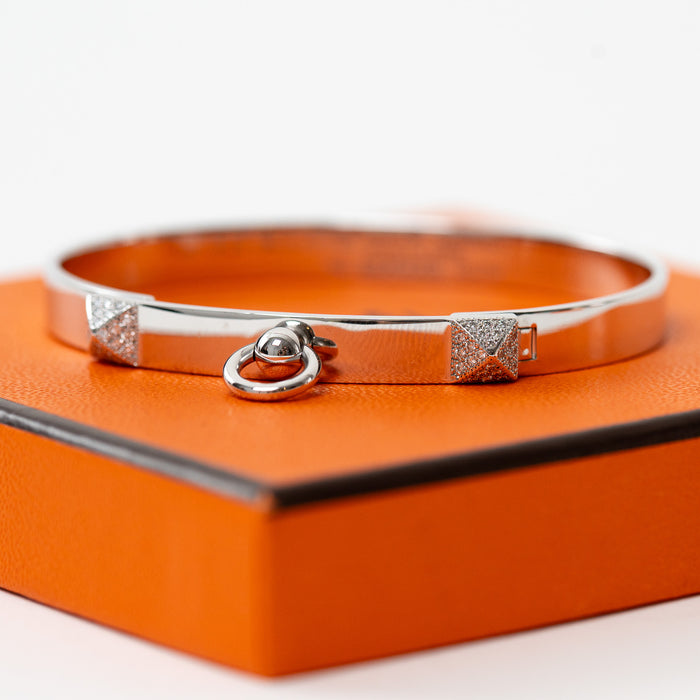 Hermes 18k White Gold Collier de Chien Bracelet Size SH ontop of box