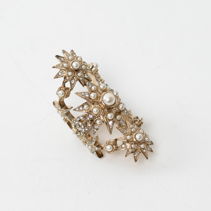 Pre-Loved Chanel™ Gold Tone Faux Pearl and Crystal Embellished Multi Star Ring