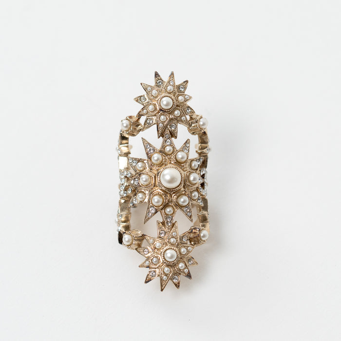 Chanel Gold Tone Faux Pearl and Crystal Embellished Multi Star Ring