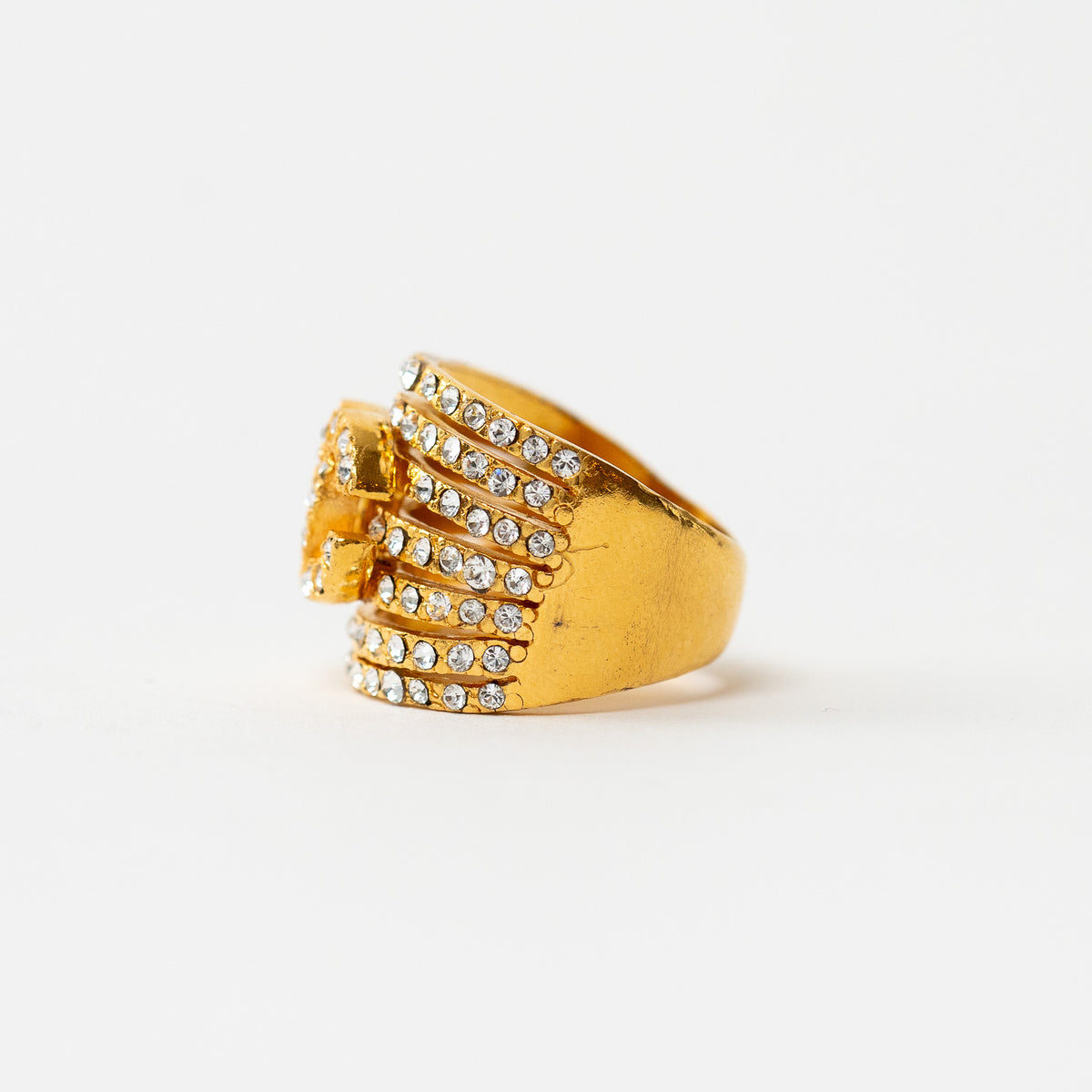 Pre-Loved Chanel™ Gold Tone Inlaid Crystal Interlocking Logo Ring Size 7