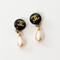 Pre-Loved Chanel™ Gold Logo Black Enamel Faux Pearl Drop Clip on Earrings