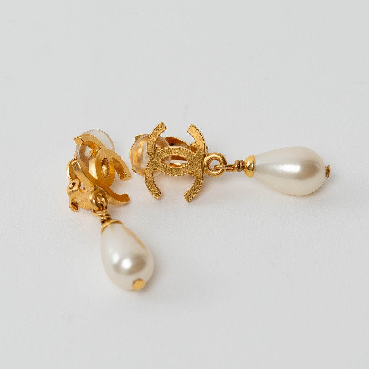 Pre-Loved Chanel™ Gold Logo Faux Pearl Drop Clip on Earrings