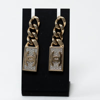 Pre-Loved Chanel™ Gold Tone Chain Crystal Embellished Logo Charm Earring