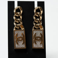 Pre-Loved Chanel™ Gold Tone Chain Crystal Embellished Logo Charm Earring