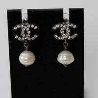 Pre-Loved Chanel™ Silver Tone Crystal Embellished Faux Pearl Drop Earrings
