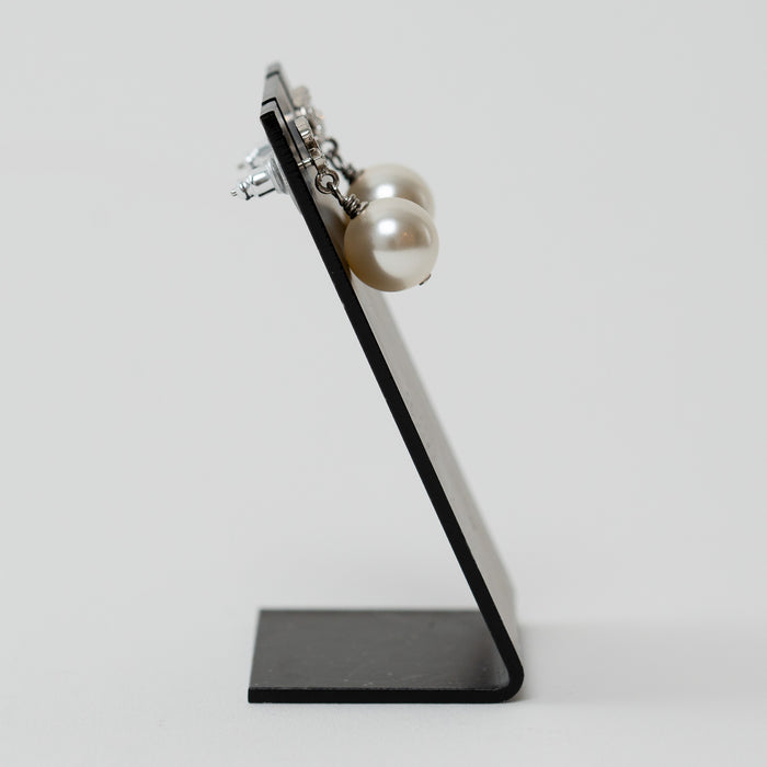 Pre-Loved Chanel™ Silver Tone Mini Crystal Embellished Logo Faux Pearl Drop Earrings