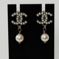 Pre-Loved Chanel™ Silver Tone Faux Pearl Inlaid Logo Pearl Drop Earrings