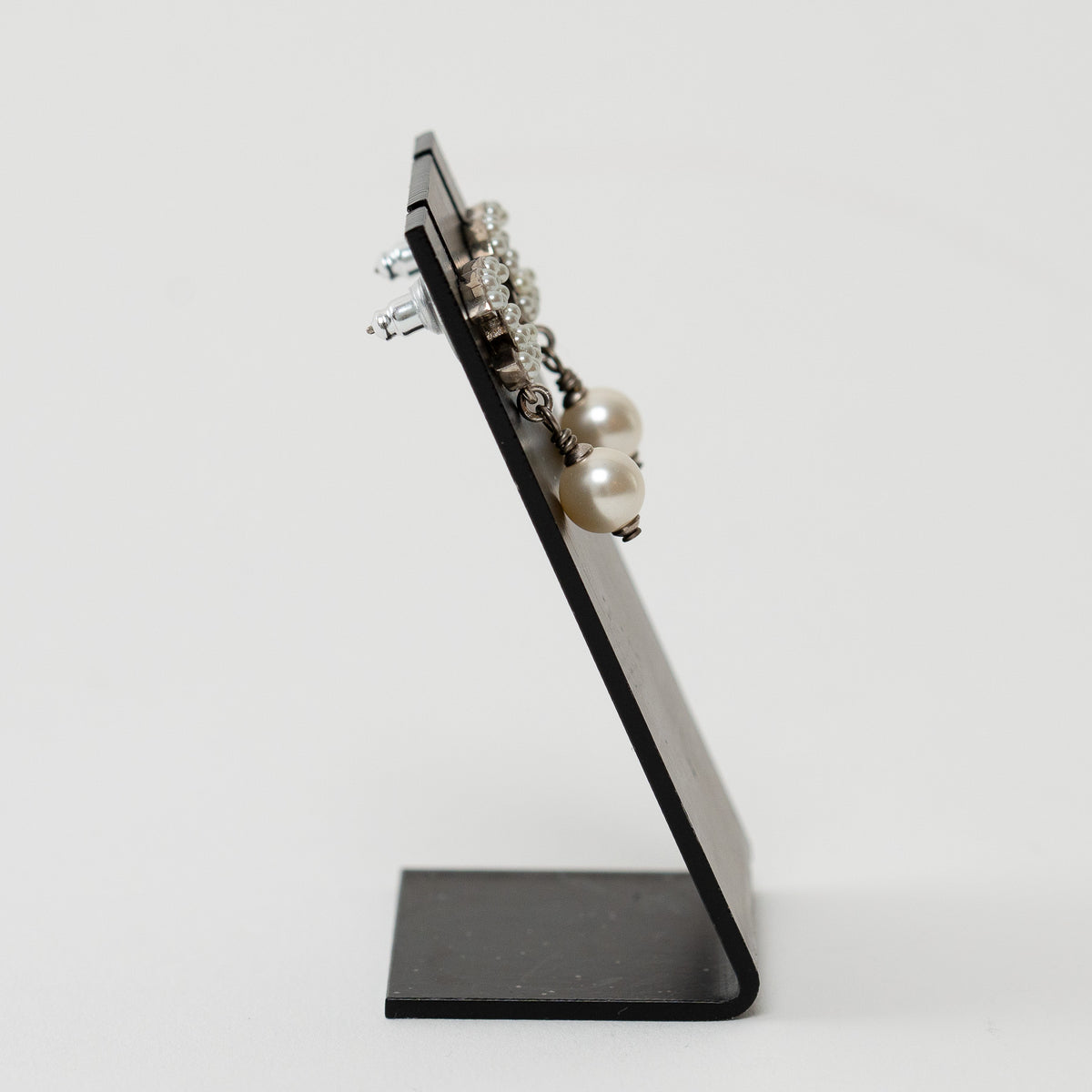 Pre-Loved Chanel™ Silver Tone Faux Pearl Inlaid Logo Pearl Drop Earrings