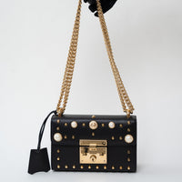 Gucci Black Leather Padlock Pearl Studded Chain Bag