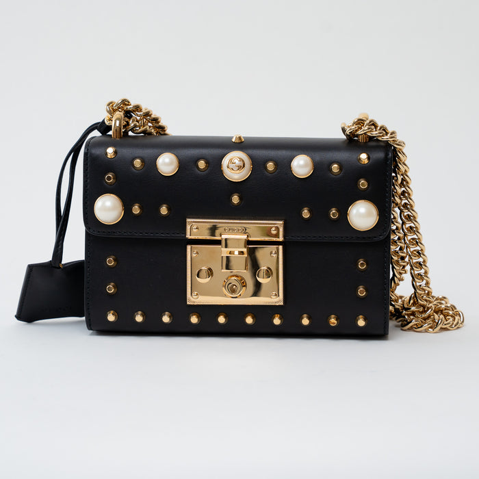 Gucci Black Leather Padlock Pearl Studded Chain Bag