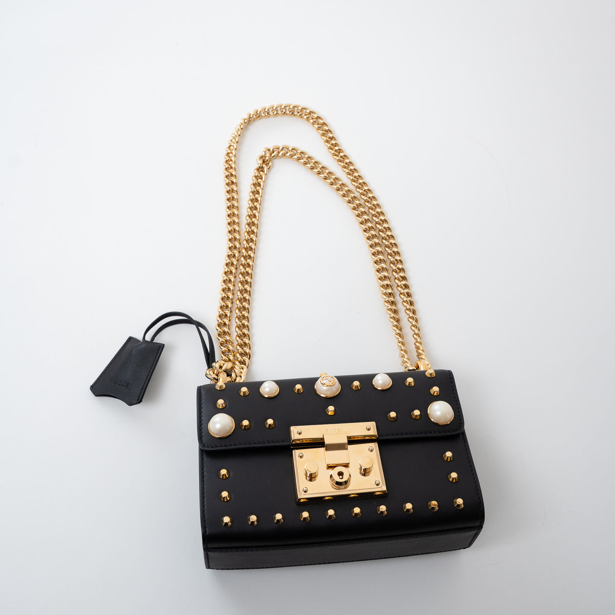Gucci Black Leather Padlock Pearl Studded Chain Bag