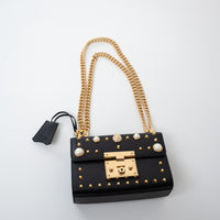 Gucci Black Leather Padlock Pearl Studded Chain Bag