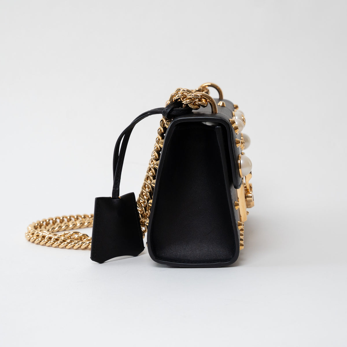 Gucci Black Leather Padlock Pearl Studded Chain Bag
