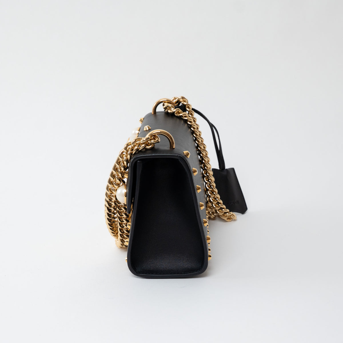 Gucci Black Leather Padlock Pearl Studded Chain Bag