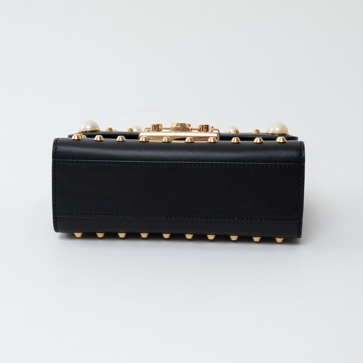 Gucci Black Leather Padlock Pearl Studded Chain Bag
