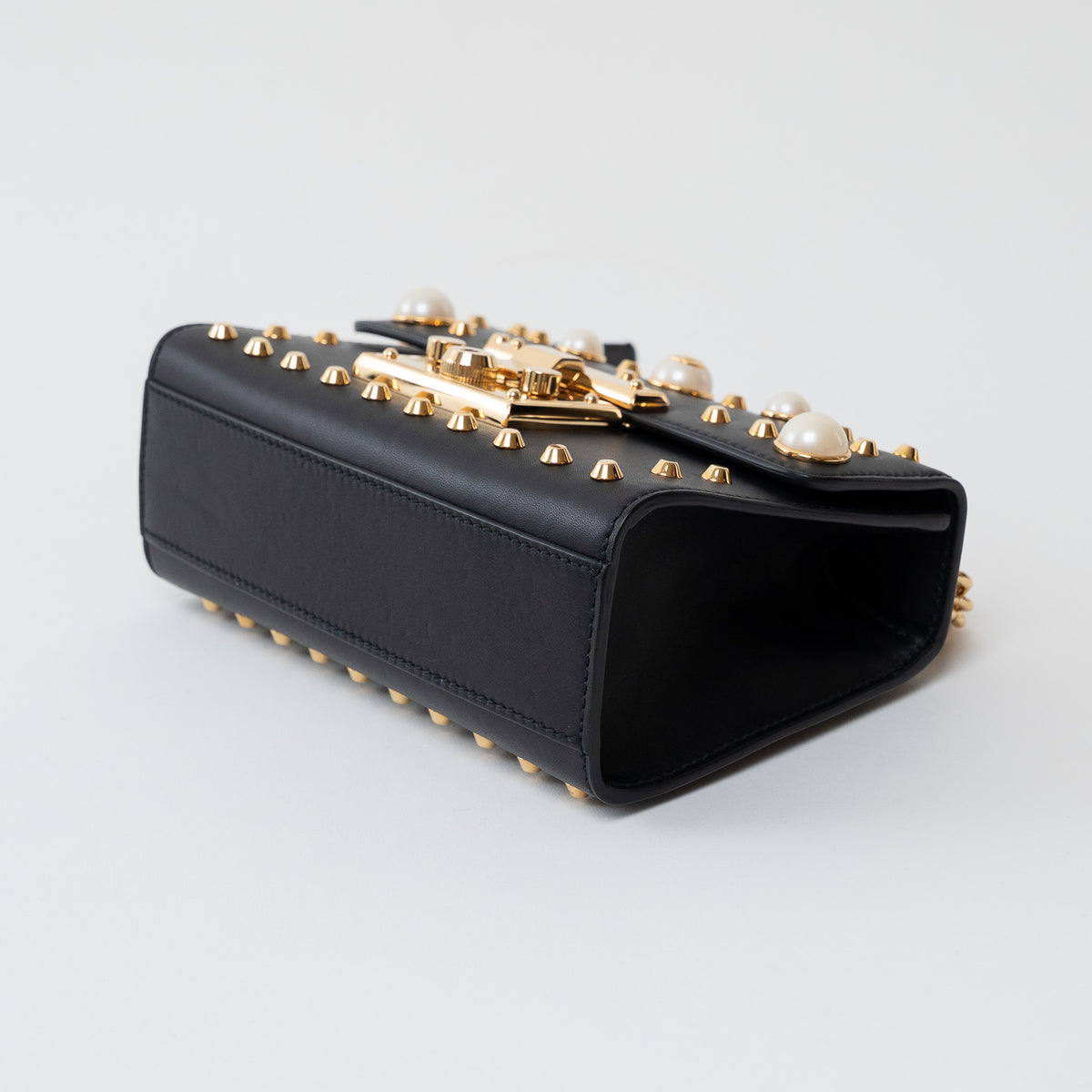 Gucci Black Leather Padlock Pearl Studded Chain Bag
