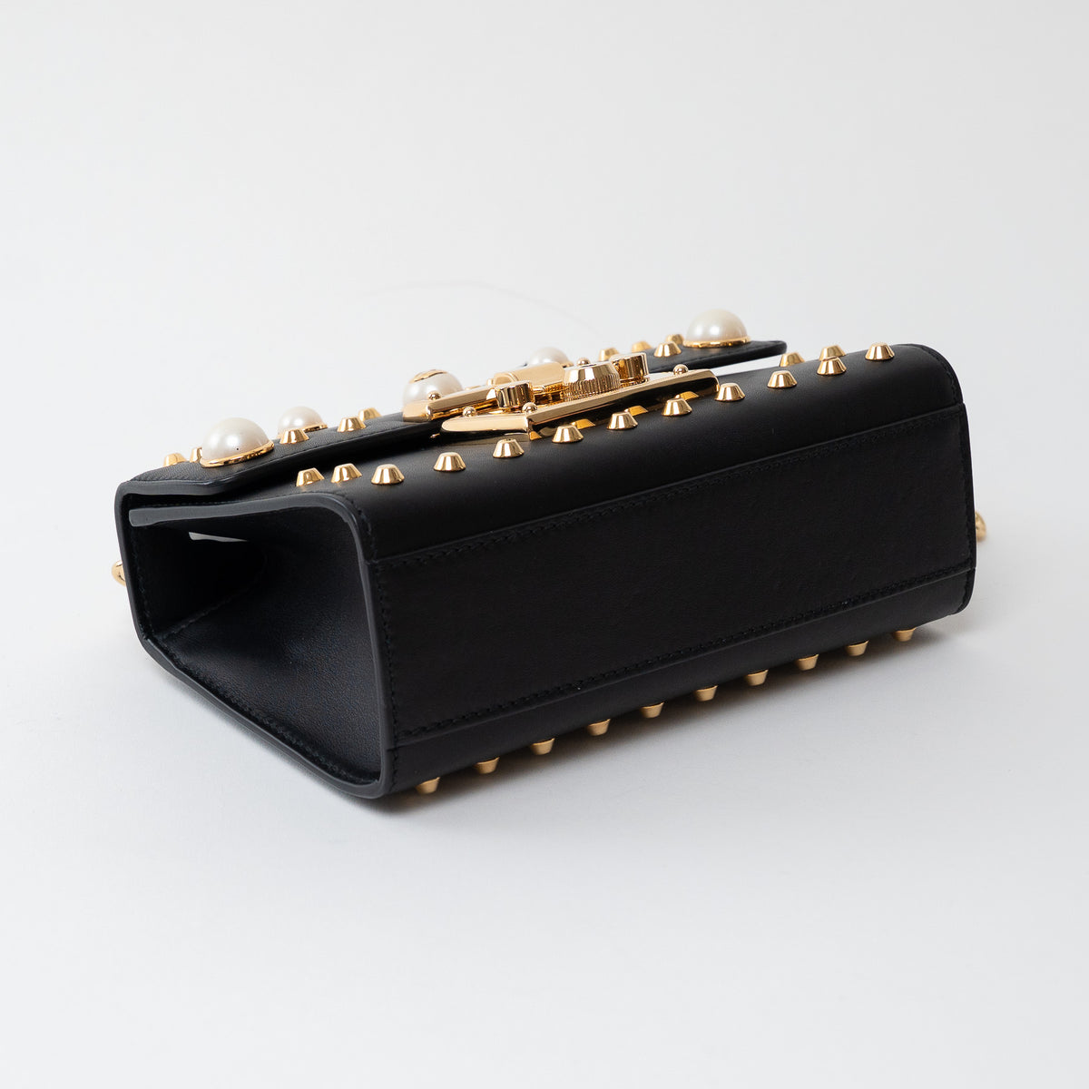 Gucci Black Leather Padlock Pearl Studded Chain Bag
