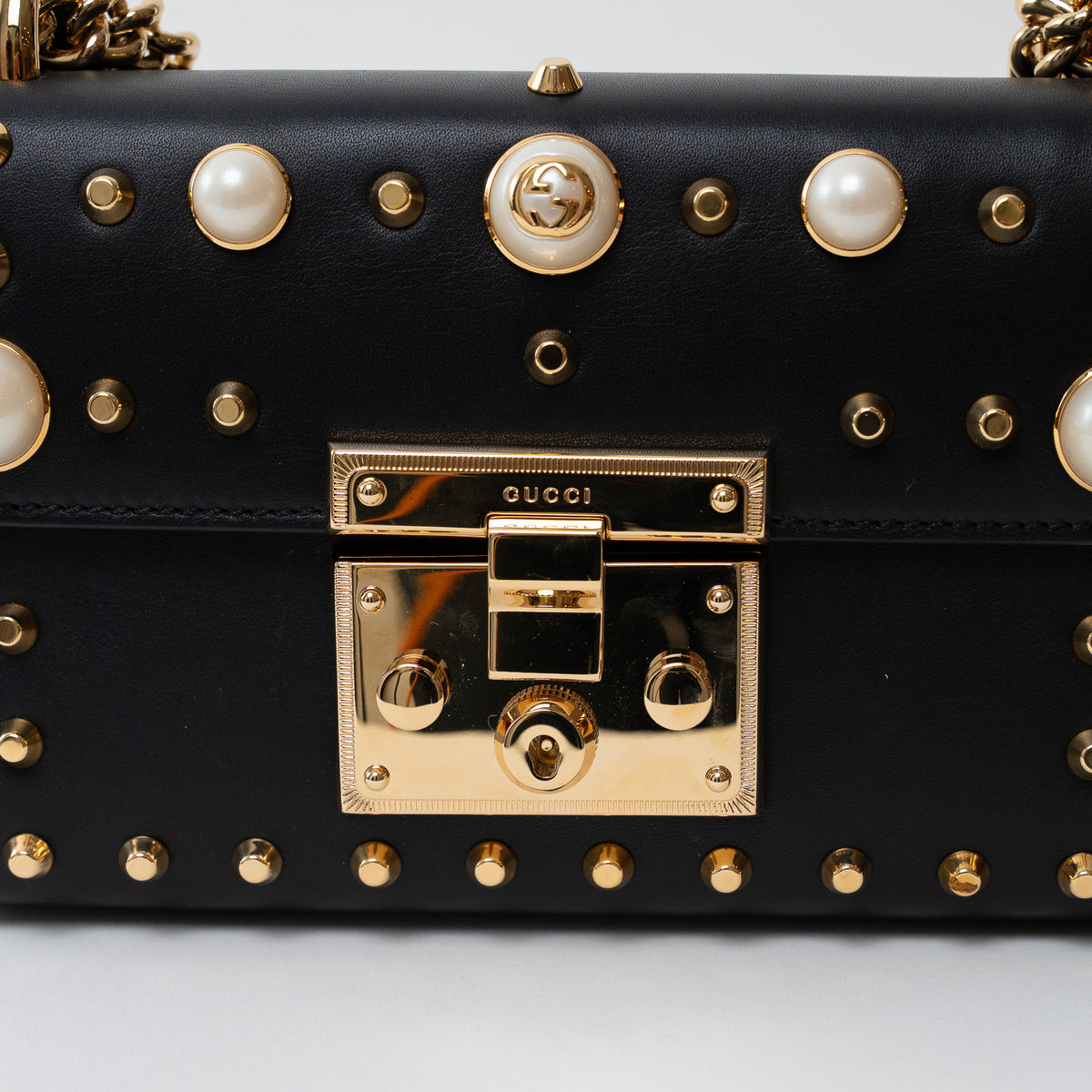 Gucci Black Leather Padlock Pearl Studded Chain Bag