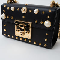 Gucci Black Leather Padlock Pearl Studded Chain Bag