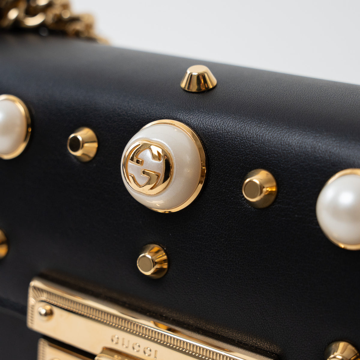 Gucci Black Leather Padlock Pearl Studded Chain Bag
