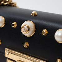 Gucci Black Leather Padlock Pearl Studded Chain Bag
