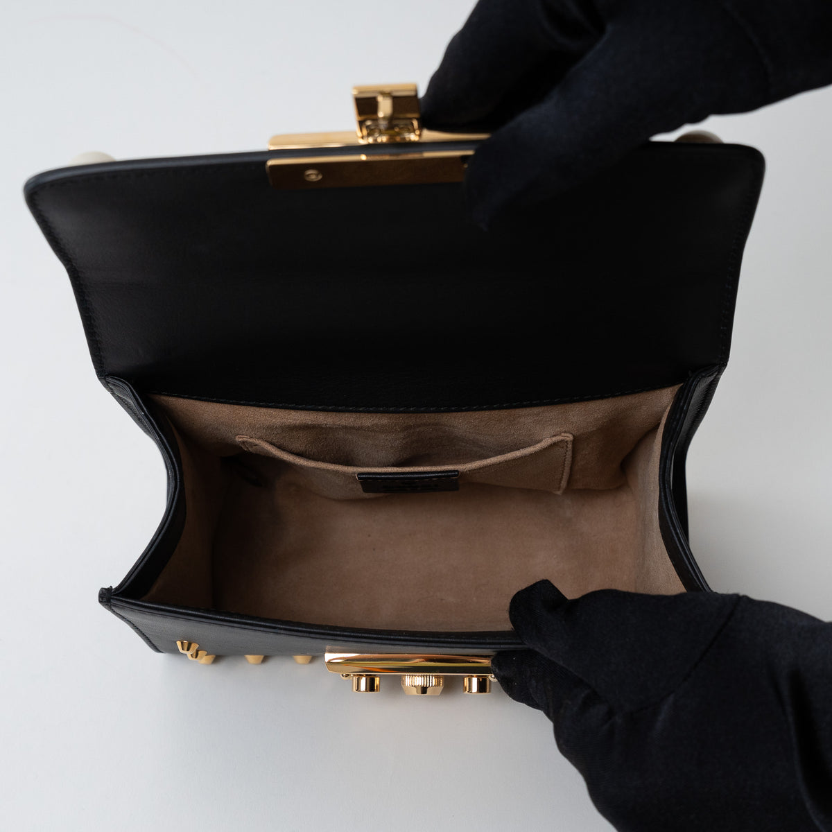 Gucci Black Leather Padlock Pearl Studded Chain Bag