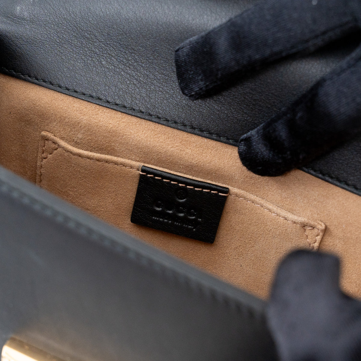 Gucci Black Leather Padlock Pearl Studded Chain Bag