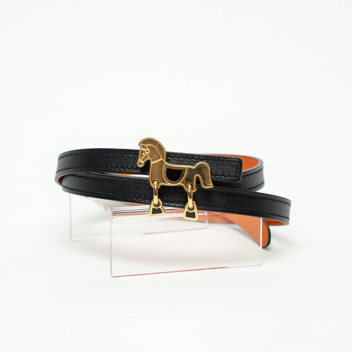 Hermes Black Swift and Orange Epsom Leather Tornade Belt Size 90