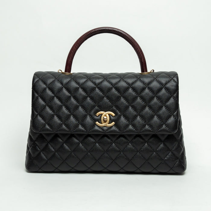 Pre-Loved Chanel™ Black Pebbled Leather Medium Coco Handle Bag with Burgundy Lizard Leather Handle