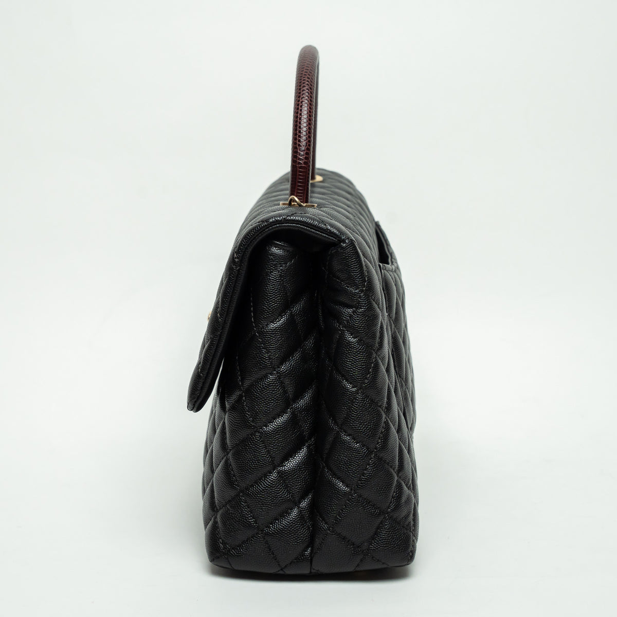 Pre-Loved Chanel™ Black Pebbled Leather Medium Coco Handle Bag with Burgundy Lizard Leather Handle