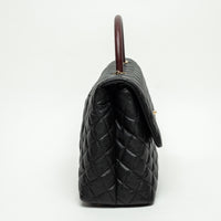Pre-Loved Chanel™ Black Pebbled Leather Medium Coco Handle Bag with Burgundy Lizard Leather Handle