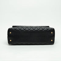 Pre-Loved Chanel™ Black Pebbled Leather Medium Coco Handle Bag with Burgundy Lizard Leather Handle