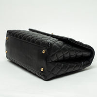 Pre-Loved Chanel™ Black Pebbled Leather Medium Coco Handle Bag with Burgundy Lizard Leather Handle