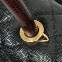 Pre-Loved Chanel™ Black Pebbled Leather Medium Coco Handle Bag with Burgundy Lizard Leather Handle