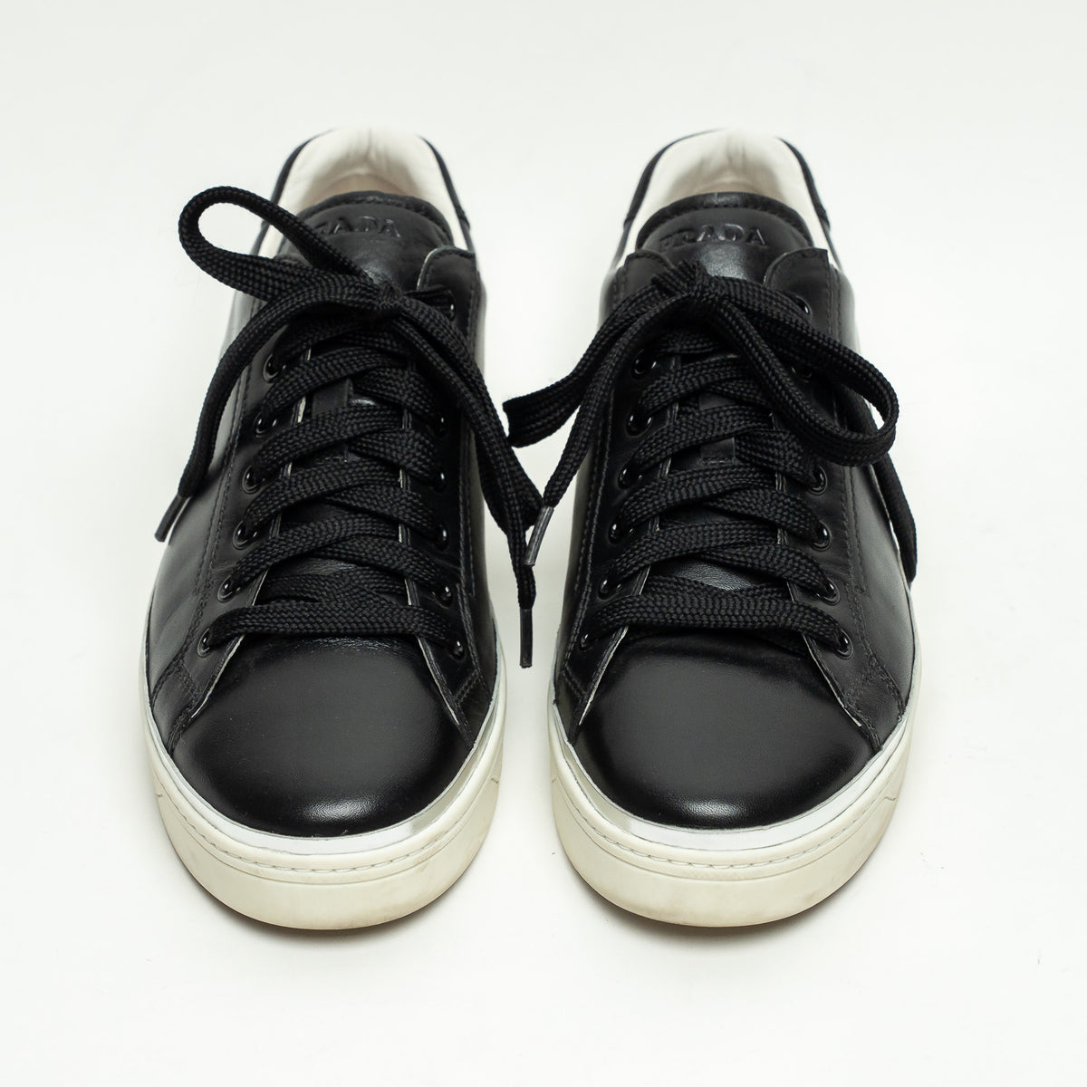 Prada Black Calfskin Leather Sneakers with Silver Trim Size 39.5
