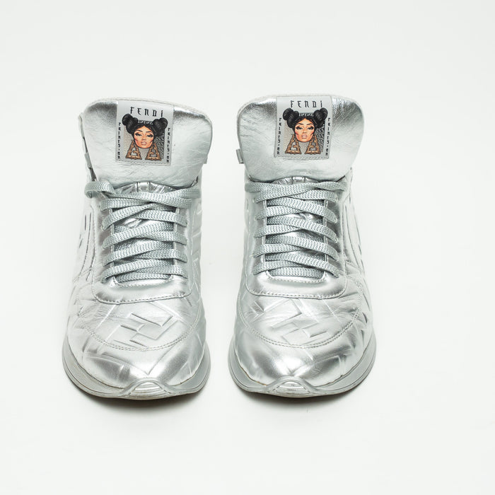 Fendi x Nicki Minaj Silver Grained Leather Prints On High Top Sneakers Size 39