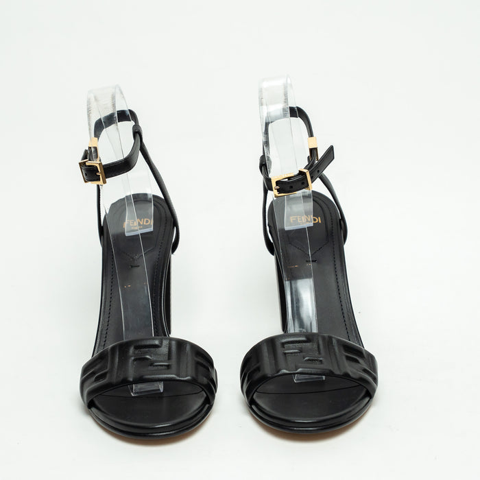 Fendi Black Nappa Leather Delphina Block Heel Sandals Size 37.5