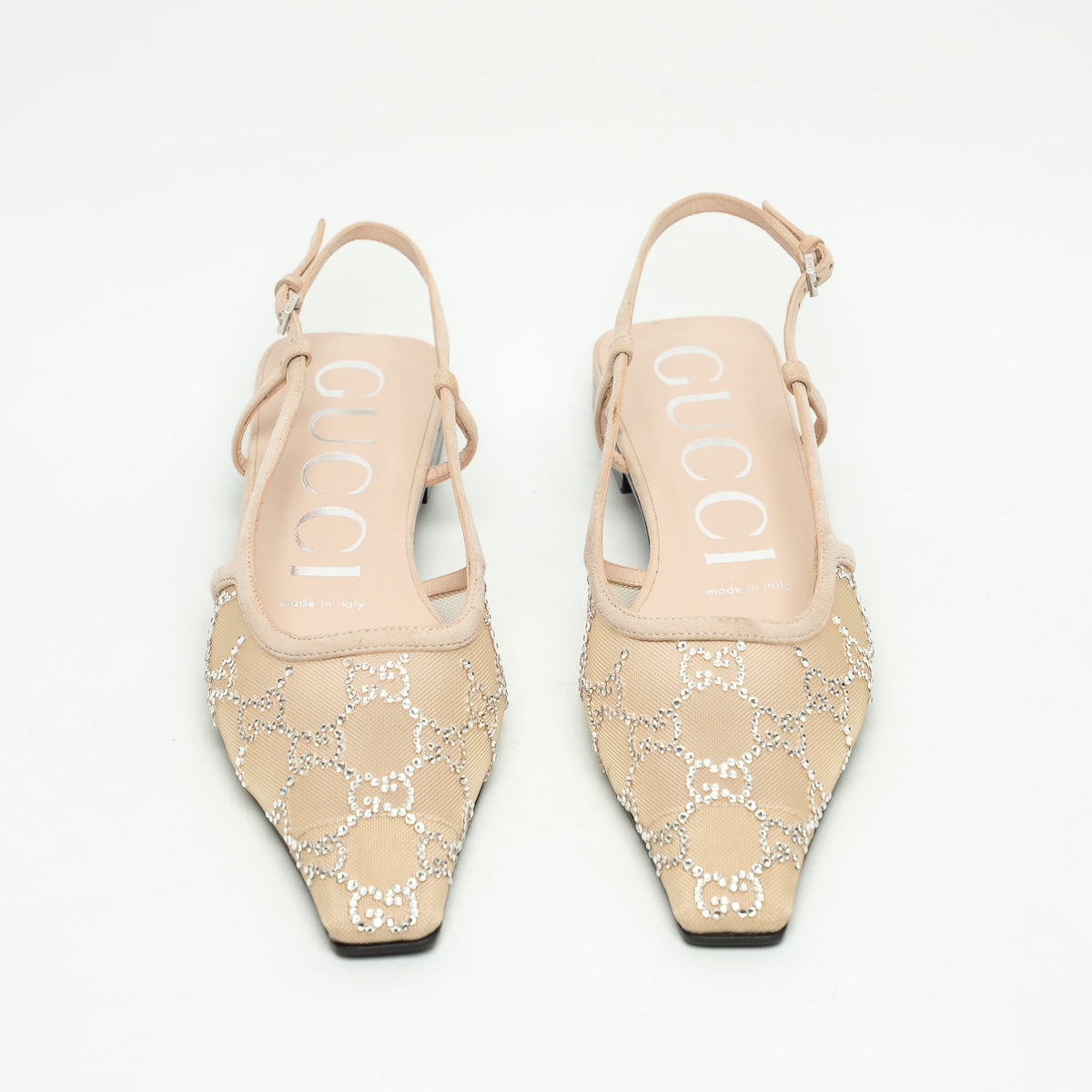 Gucci Beige Suede Mesh GG Crystal Embellished Slingback Sandals Size 36.5