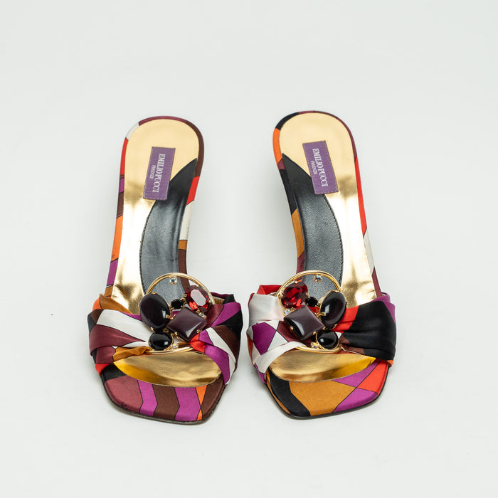 Emilio Pucci Purple Multicolor Silk Stone and Crystal Embellished Sandals Size 37