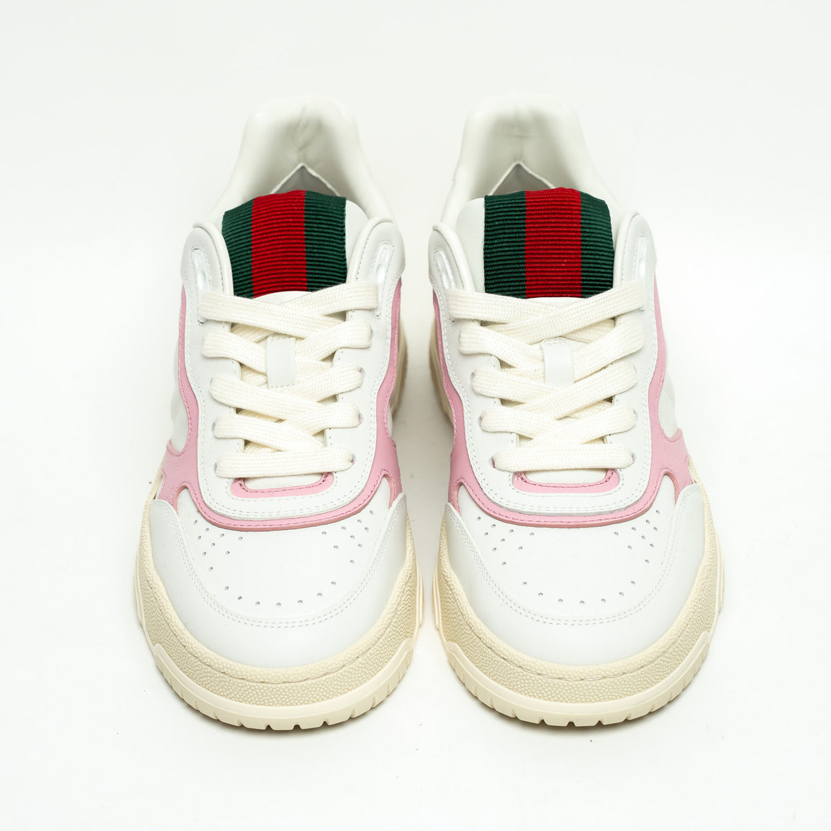 Gucci White and Pink Grained Leather Re-Web Sneakers Size 36