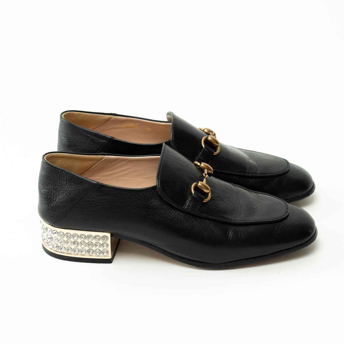 Gucci Black Horesbit Loafers with Crystal Embellished Heel Size 39