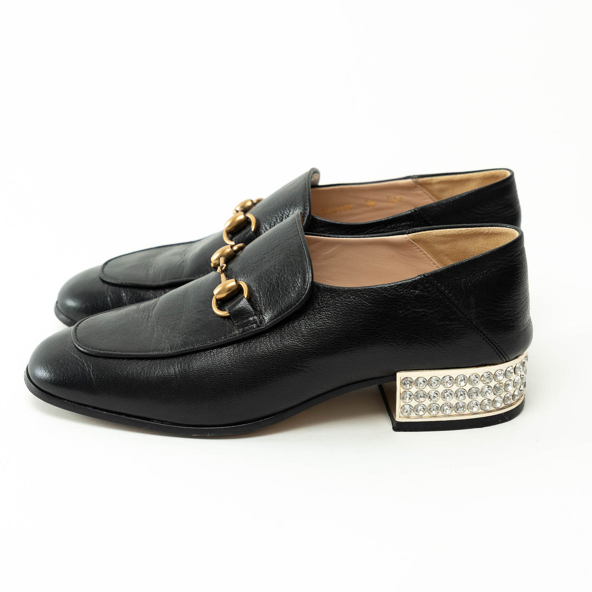 Gucci Black Horesbit Loafers with Crystal Embellished Heel Size 39