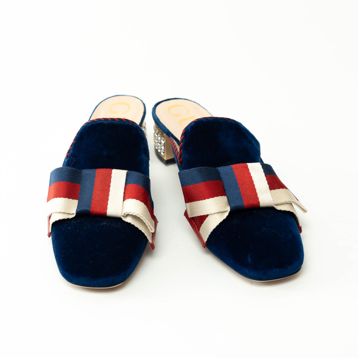 Gucci Blue Velvet Mules with Crystal Embellished Heel Size 38