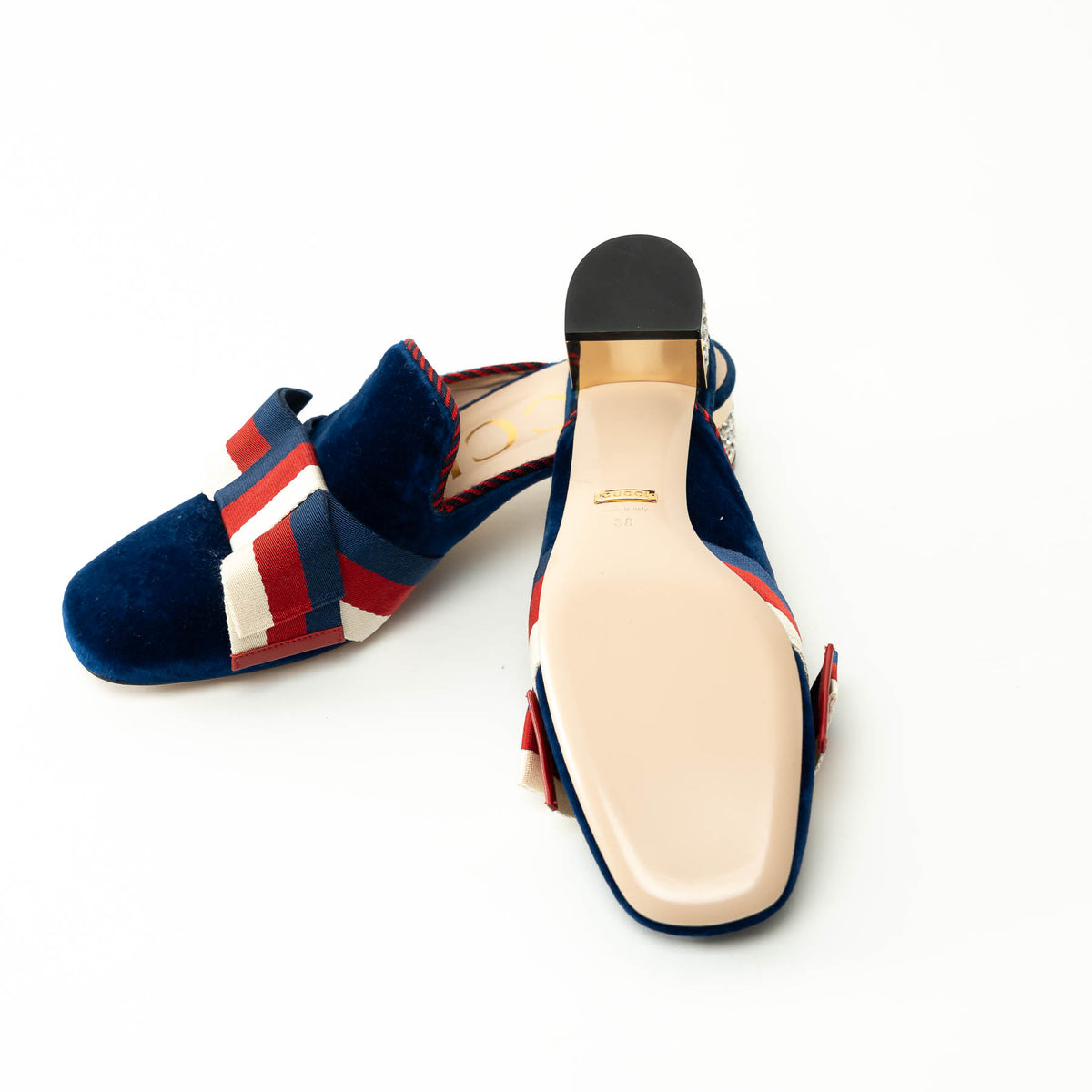 Gucci Blue Velvet Mules with Crystal Embellished Heel Size 38