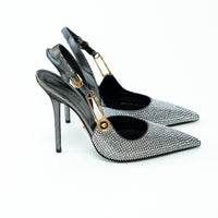 Versace Silver Crystal Embellished Slingback Pumps Size 40