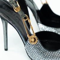 Versace Silver Crystal Embellished Slingback Pumps Size 40