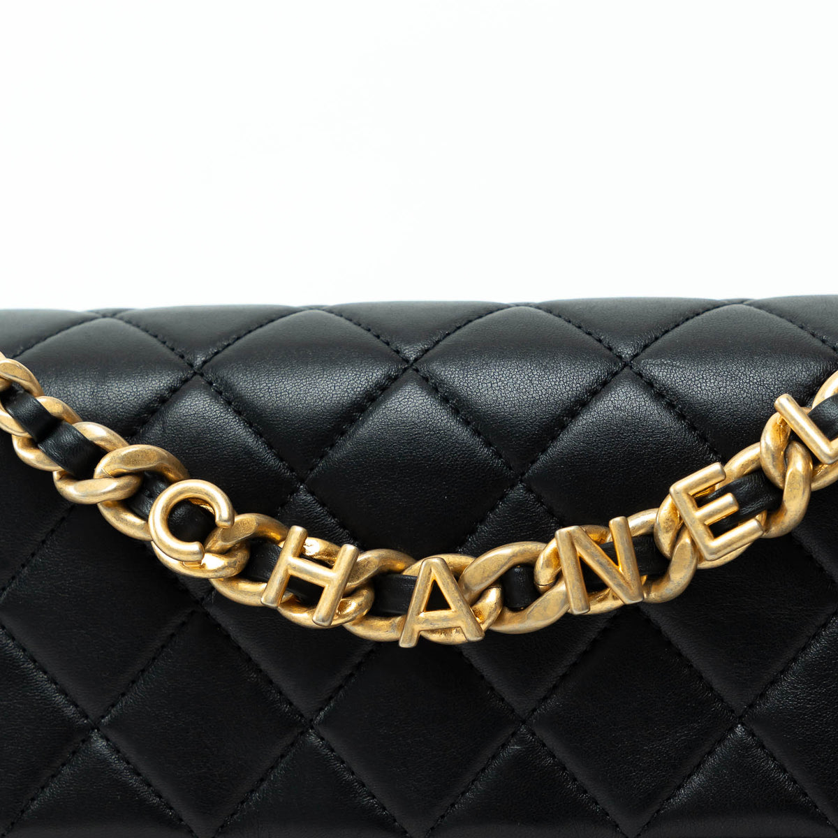 Pre-Loved Chanel™ Black Calfskin Leather Medium Flap Bag with Letter Chain