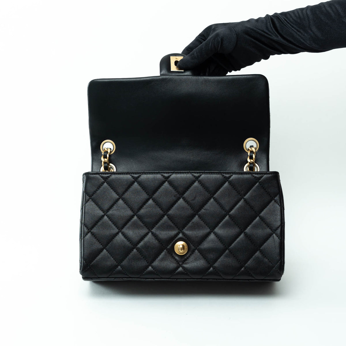 Pre-Loved Chanel™ Black Calfskin Leather Medium Flap Bag with Letter Chain