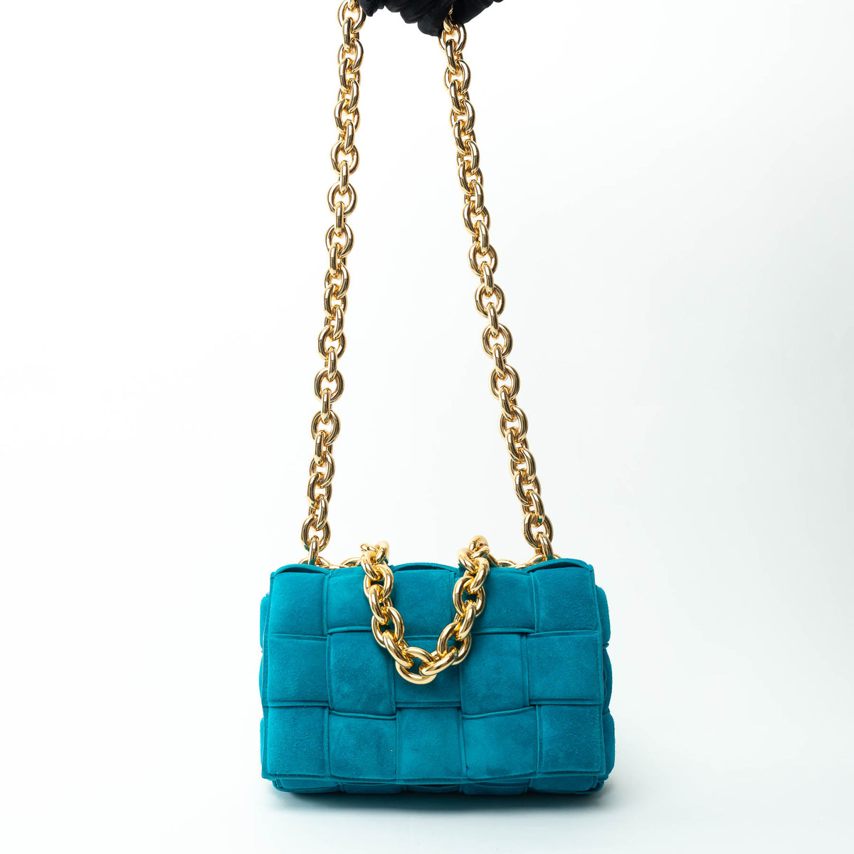 Bottega Veneta Teal Suede Intrecciato Chain Cassette Bag