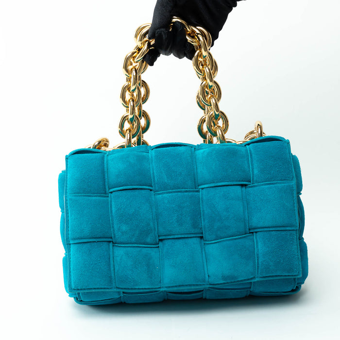 Bottega Veneta Teal Suede Intrecciato Chain Cassette Bag